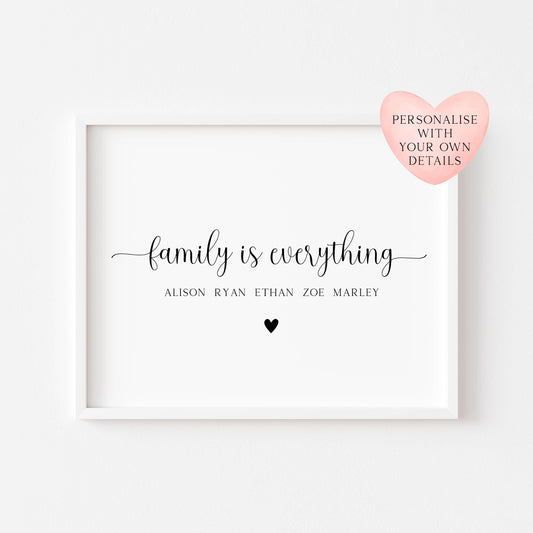 Family is everything personalised names with heart family home unframed wall art poster print
