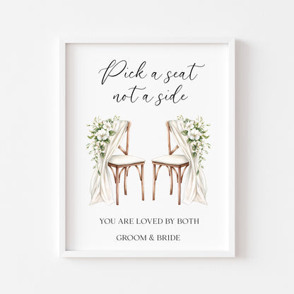 Pick a seat not a side wedding sign White Roses & chairs Botanical unframed print