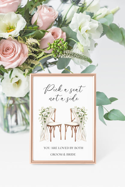 Pick a seat not a side wedding sign White Roses & chairs Botanical unframed print