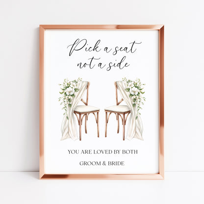 Pick a seat not a side wedding sign White Roses & chairs Botanical unframed print