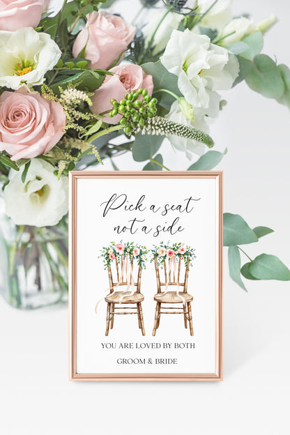 Pick a seat not a side wedding sign White Roses & chairs Botanical unframed print
