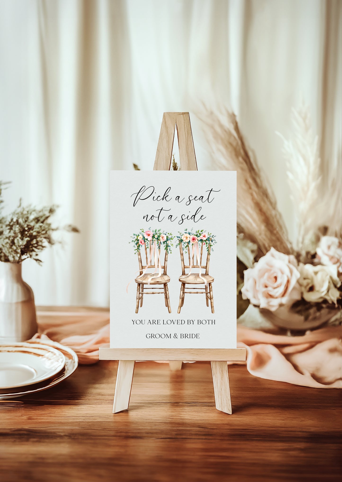 Pick a seat not a side wedding sign White Roses & chairs Botanical unframed print