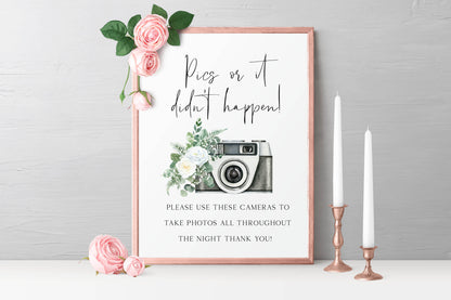 Pics or it didn't happen wedding sign watercolour white rose & eucalyptus photography camera unframed wall art poster print