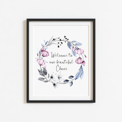 Welcome to our beautiful chaos purple blue floral wreath home hallway unframed wall art poster print