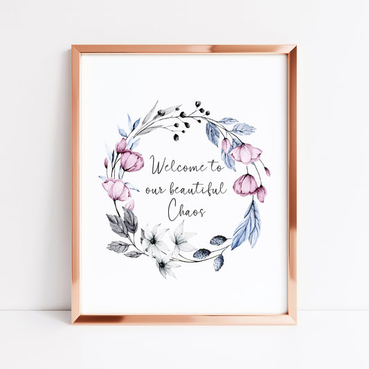Welcome to our beautiful chaos purple blue floral wreath home hallway unframed wall art poster print