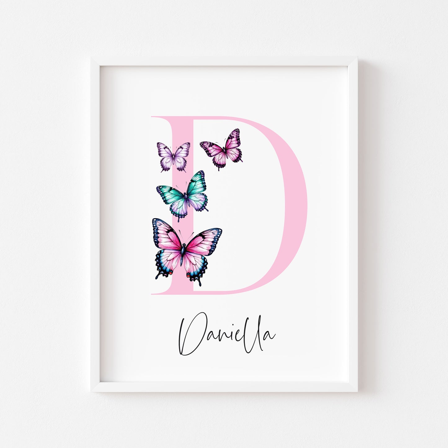 Pink Butterfly Initial Print Personalised Nursery wall art Decor (Unframed)