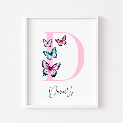 Pink Butterfly Initial Print Personalised Nursery wall art Decor (Unframed)