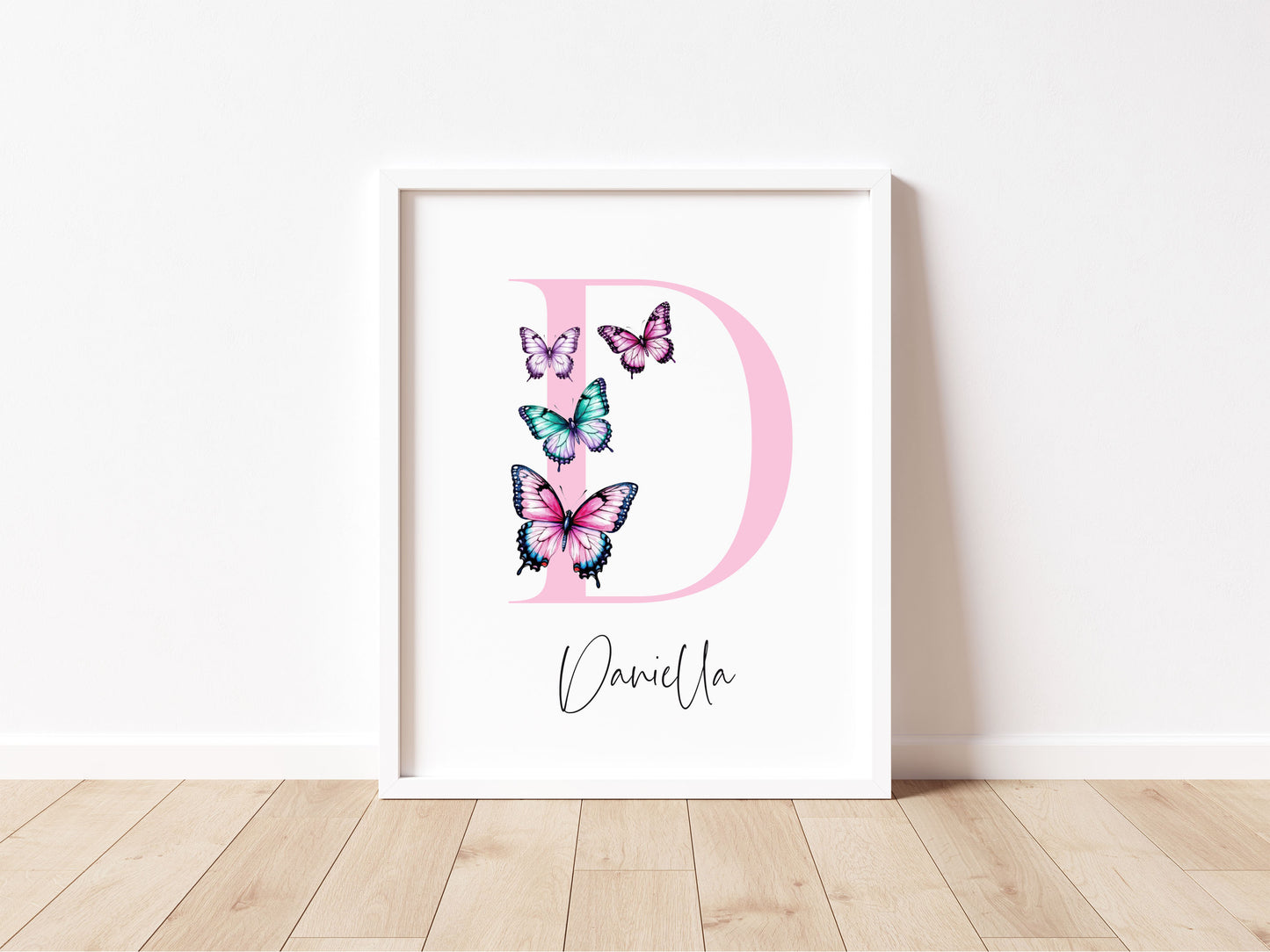 Pink Butterfly Initial Print Personalised Nursery wall art Decor (Unframed)