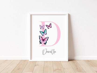 Pink Butterfly Initial Print Personalised Nursery wall art Decor (Unframed)