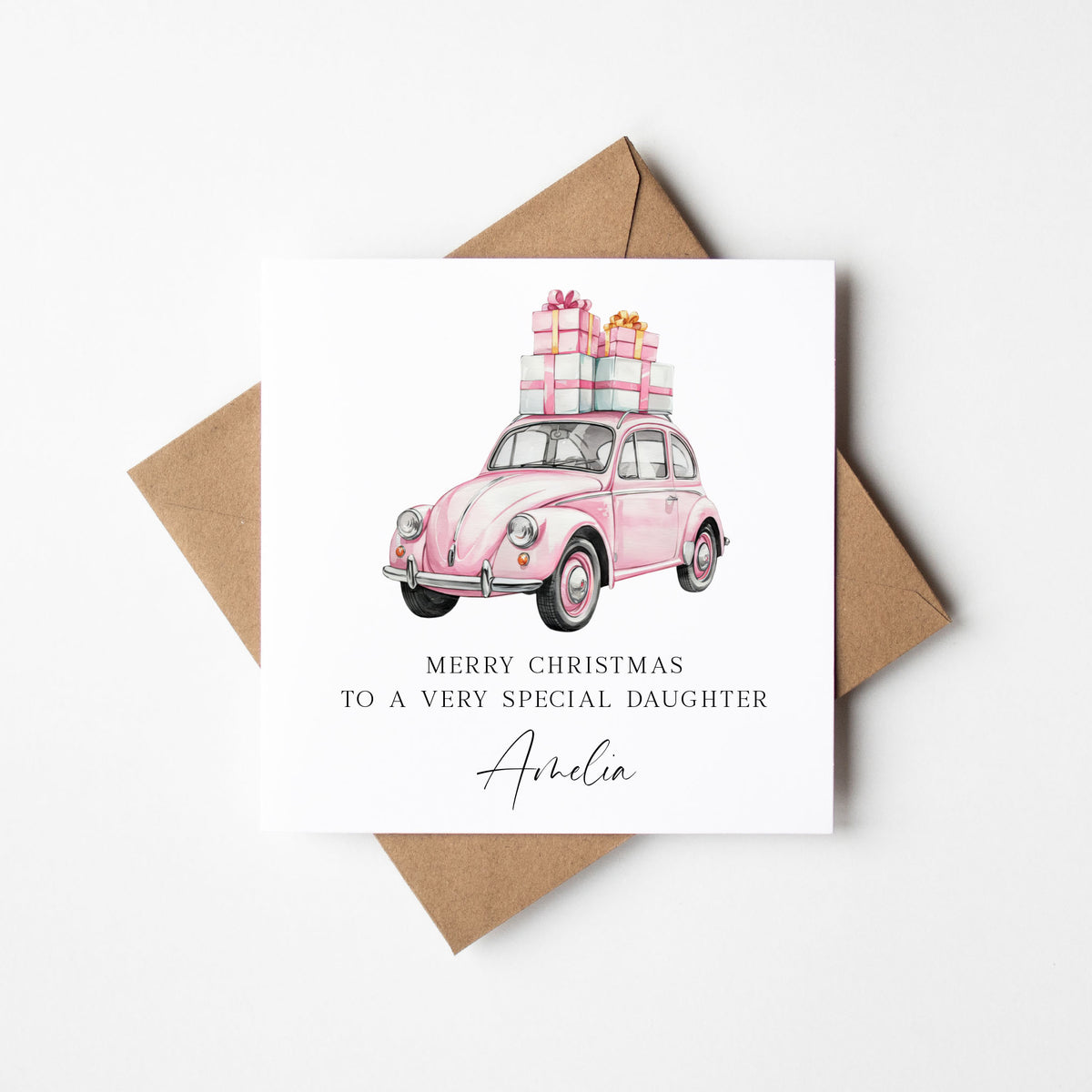Pink Car Christmas Card personalised girls woman's xmas seasonal card with envelope