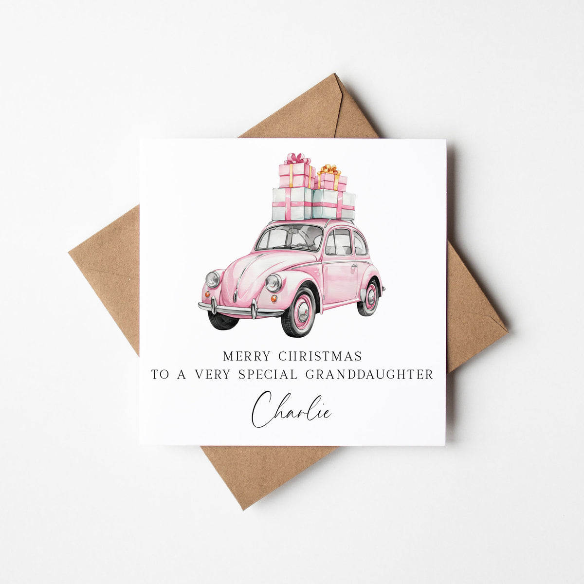 Pink Car Christmas Card personalised girls woman's xmas seasonal card with envelope