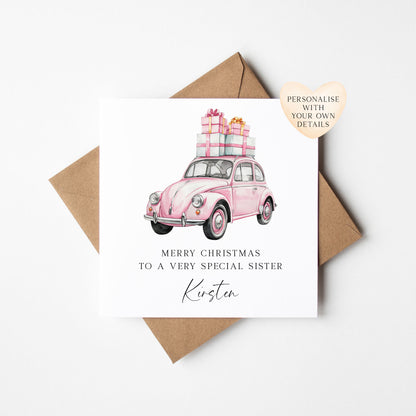 Pink Car Christmas Card personalised girls woman's xmas seasonal card with envelope