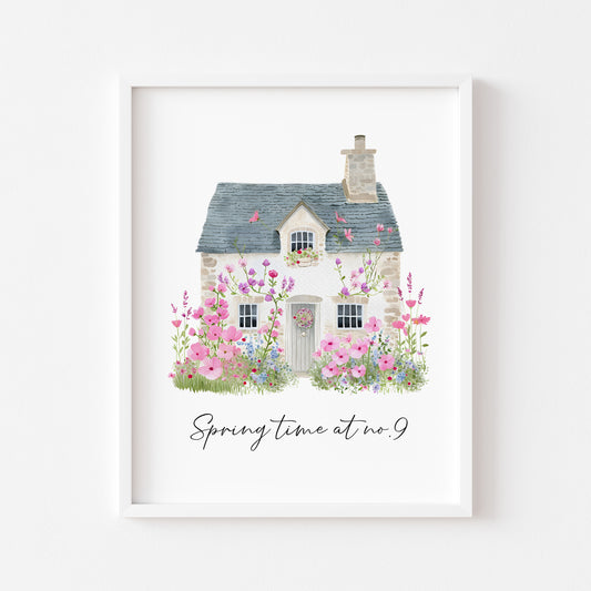 Spring time at number, no, your house number, pink floral cottage spring home watercolour seasonal unframed wall art poster print