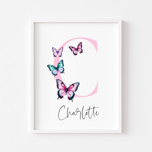 Pink Butterfly Initial Print Personalised Nursery wall art Decor (Unframed)