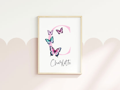 Pink Butterfly Initial Print Personalised Nursery wall art Decor (Unframed)