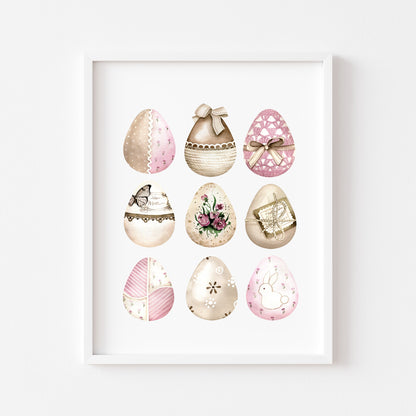 Easter print, Easter eggs collection floral pink & brown kraft unframed wall art poster print