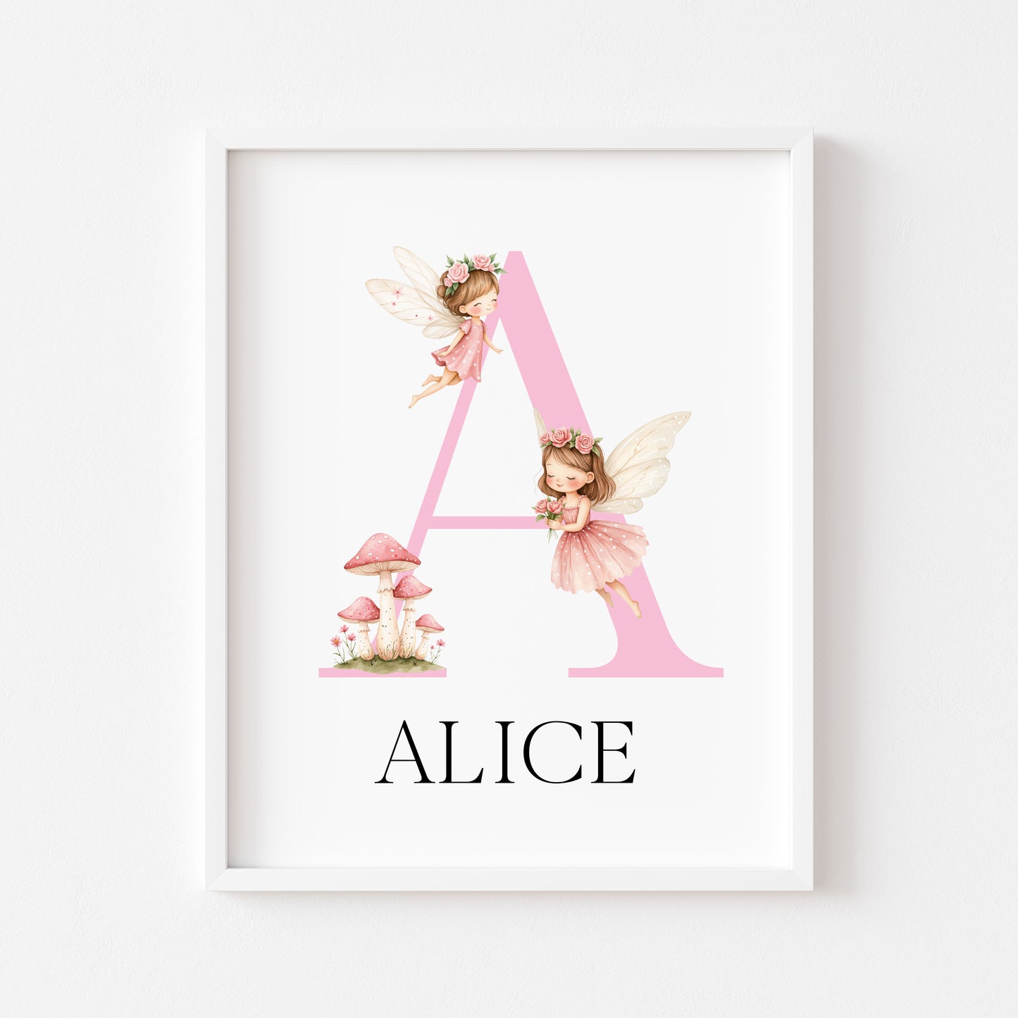 Pink Fairies Initial Print Personalised Nursery wall art Decor (Unframed)