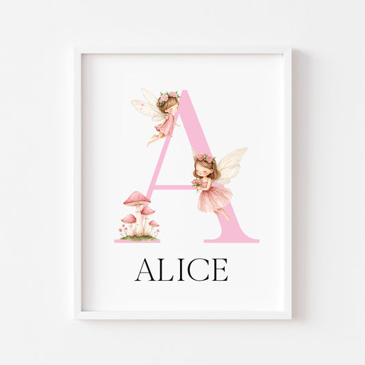 Pink Fairies Initial Print Personalised Nursery wall art Decor (Unframed)