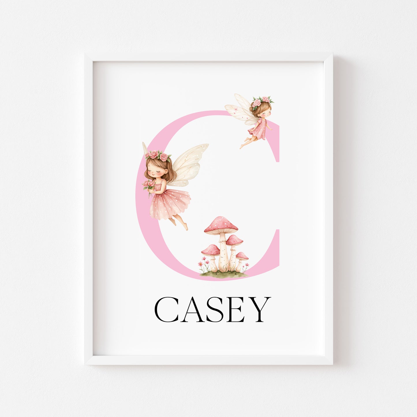 Pink Fairies Initial Print Personalised Nursery wall art Decor (Unframed)