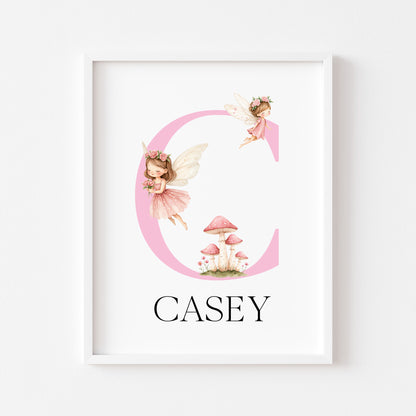Pink Fairies Initial Print Personalised Nursery wall art Decor (Unframed)