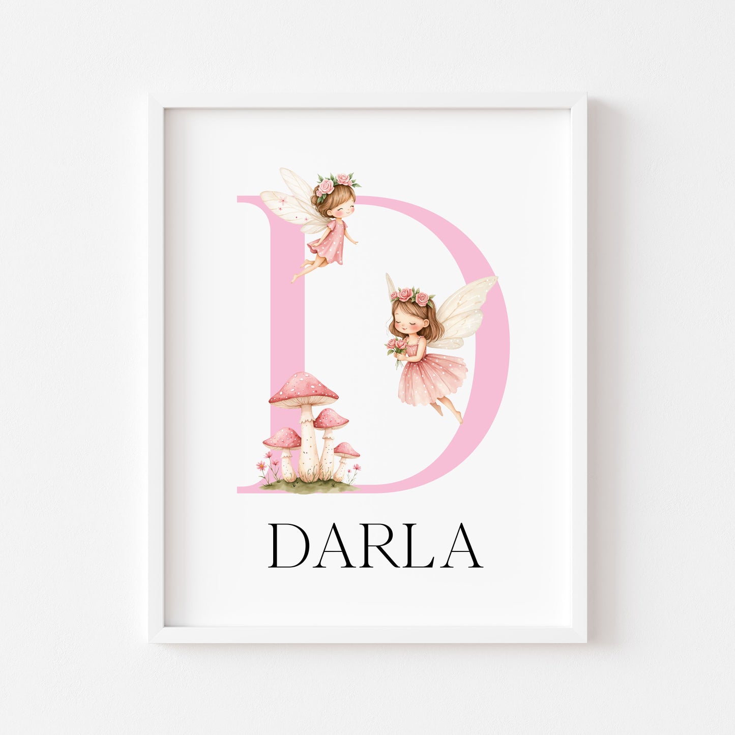 Pink Fairies Initial Print Personalised Nursery wall art Decor (Unframed)