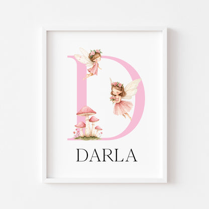 Pink Fairies Initial Print Personalised Nursery wall art Decor (Unframed)