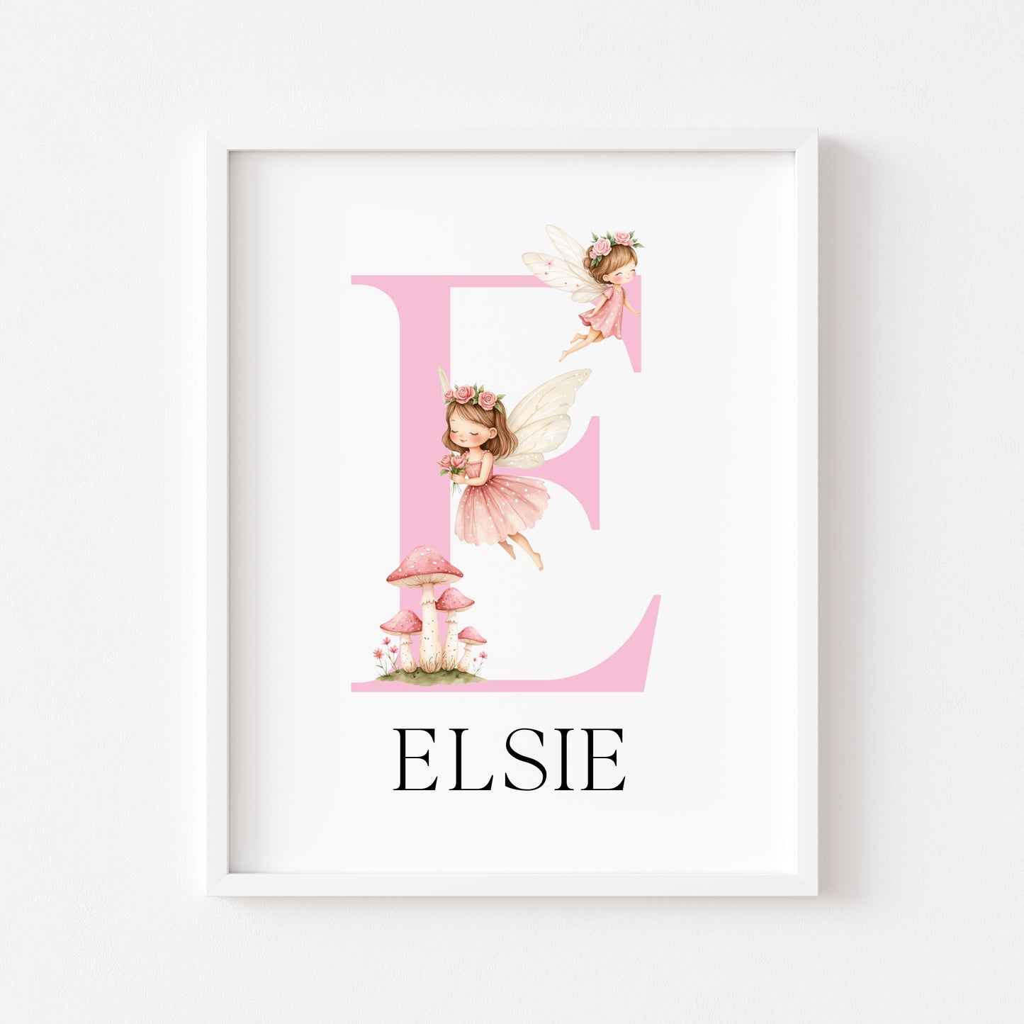 Pink Fairies Initial Print Personalised Nursery wall art Decor (Unframed)