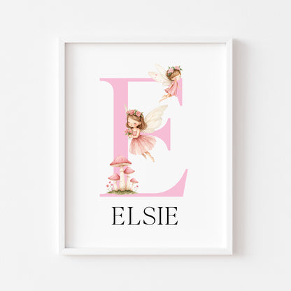 Pink Fairies Initial Print Personalised Nursery wall art Decor (Unframed)