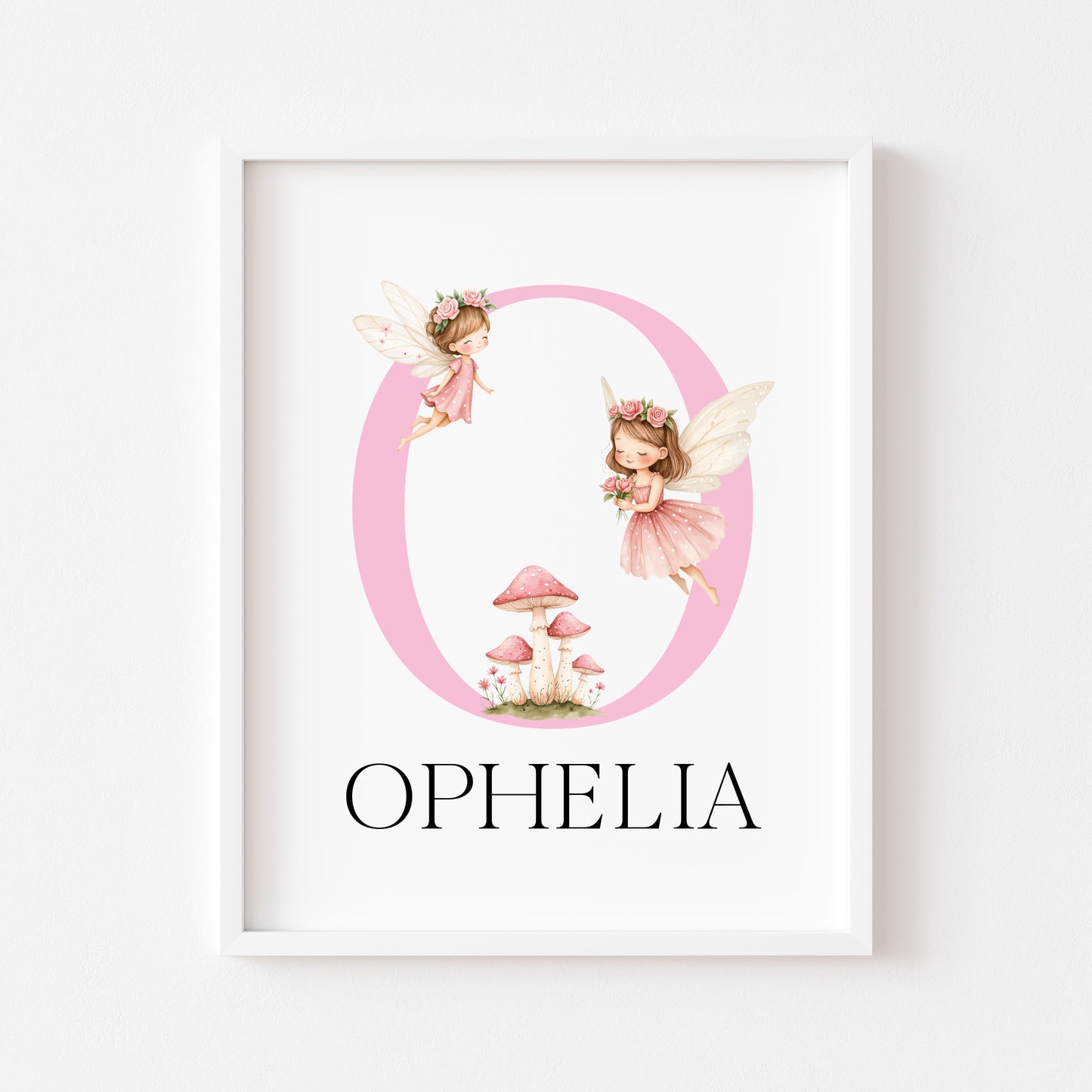 Pink Fairies Initial Print Personalised Nursery wall art Decor (Unframed)