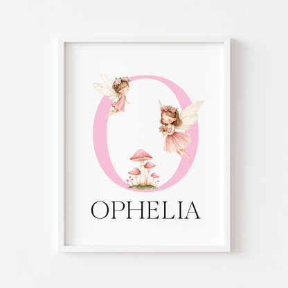 Pink Fairies Initial Print Personalised Nursery wall art Decor (Unframed)