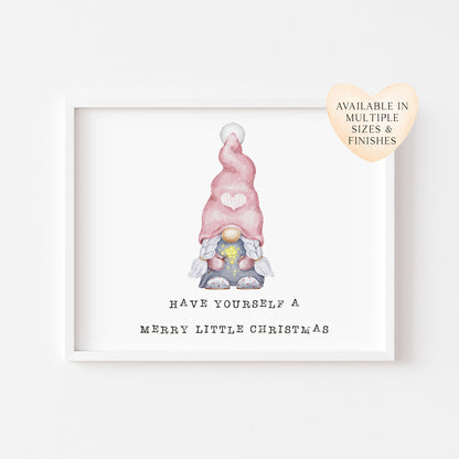 Have yourself a merry little Christmas watercolour gnome, gonk pink seasonal landscape unframed wall art poster print