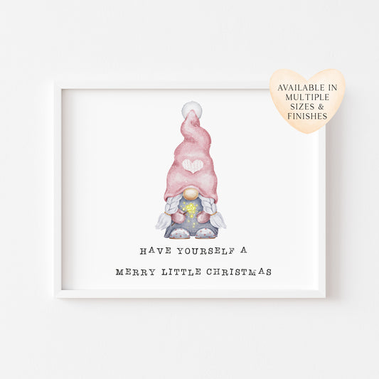 Have yourself a merry little Christmas watercolour gnome, gonk pink seasonal landscape unframed wall art poster print