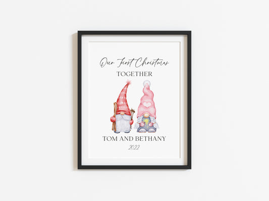 Our first Christmas together watercolour gnome/gonk xmas illustration seasonal wall art poster print