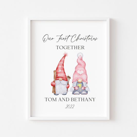 Our first Christmas together watercolour gnome/gonk xmas illustration seasonal wall art poster print