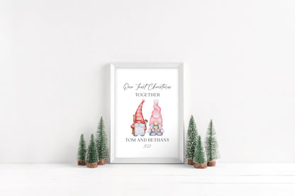 Our first Christmas together watercolour gnome/gonk xmas illustration seasonal wall art poster print