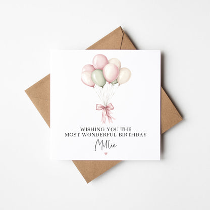 Personalised Pink Green Balloons Birthday Card for Girls, Daughter, friends with envelope