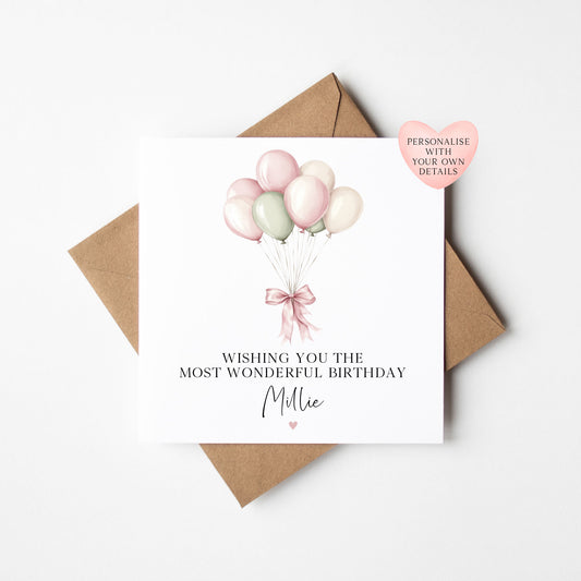 Personalised Pink Green Balloons Birthday Card for Girls, Daughter, friends with envelope
