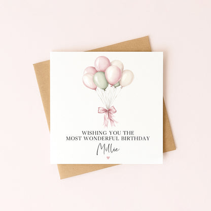 Personalised Pink Green Balloons Birthday Card for Girls, Daughter, friends with envelope