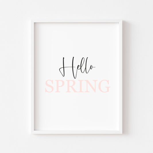Hello Spring, pink & black spring seasonal unframed wall art poster print