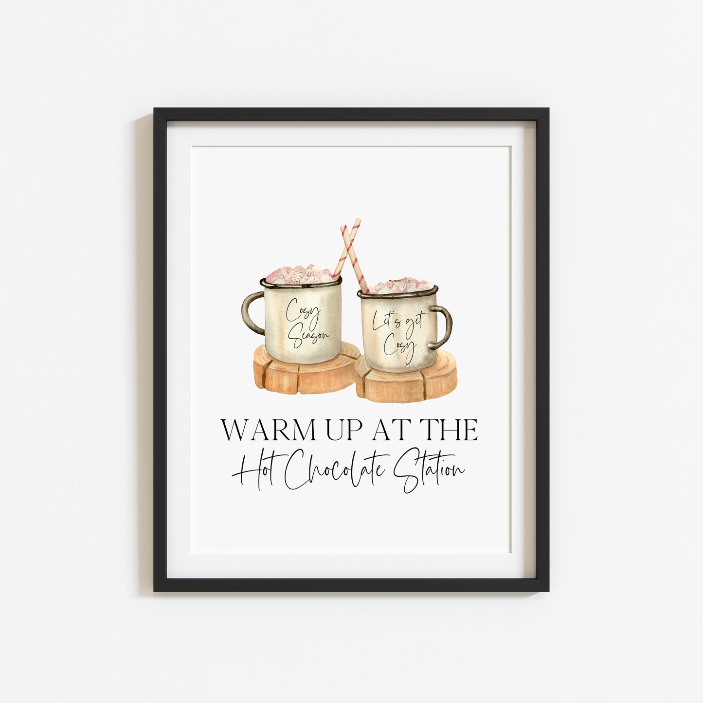 Hot chocolate print,warm up at the hot chocolate station pink marshmallows sign unframed wall art poster print