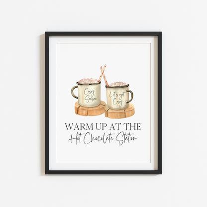 Hot chocolate print,warm up at the hot chocolate station pink marshmallows sign unframed wall art poster print