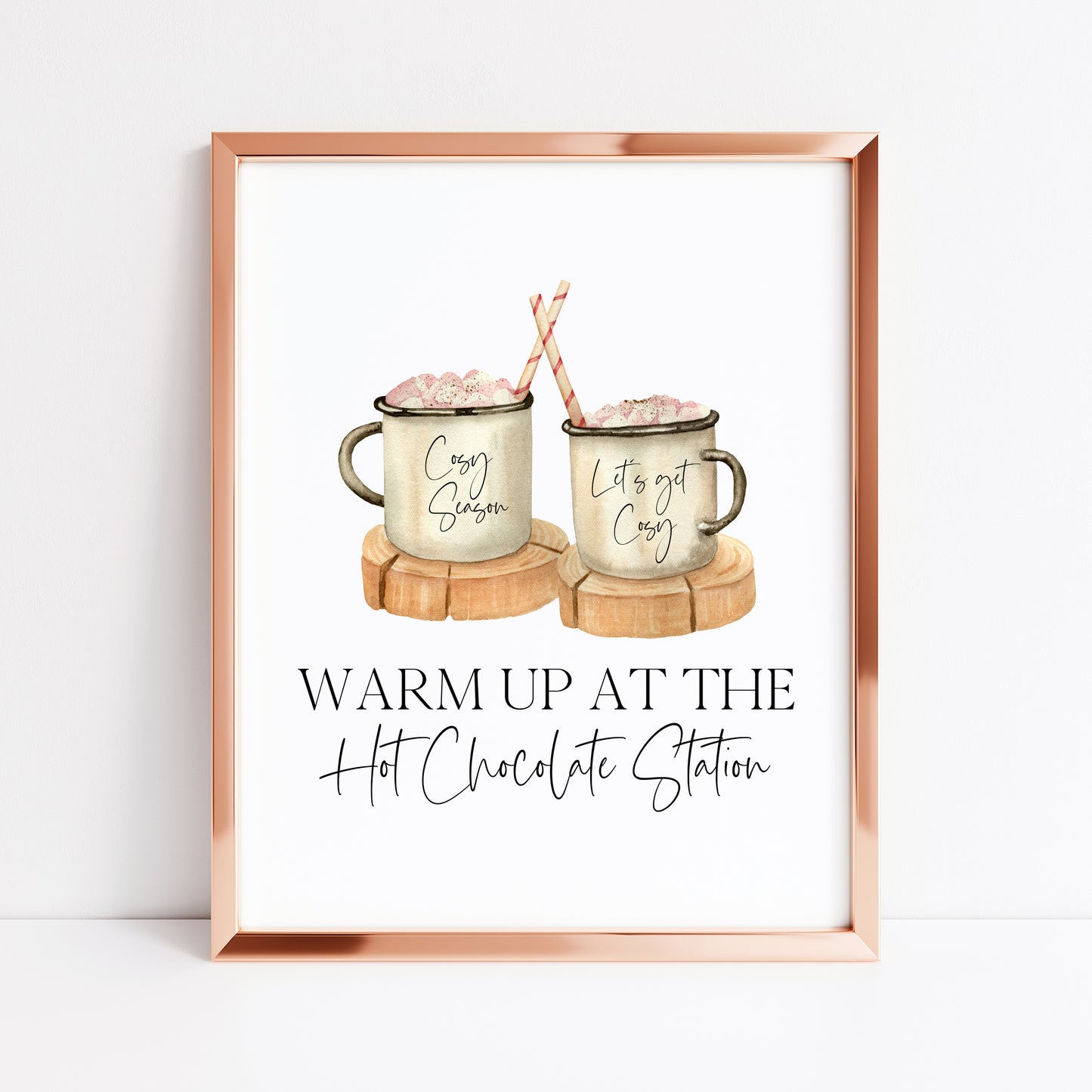 Hot chocolate print,warm up at the hot chocolate station pink marshmallows sign unframed wall art poster print