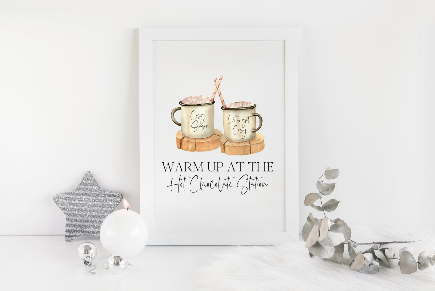 Hot chocolate print,warm up at the hot chocolate station pink marshmallows sign unframed wall art poster print