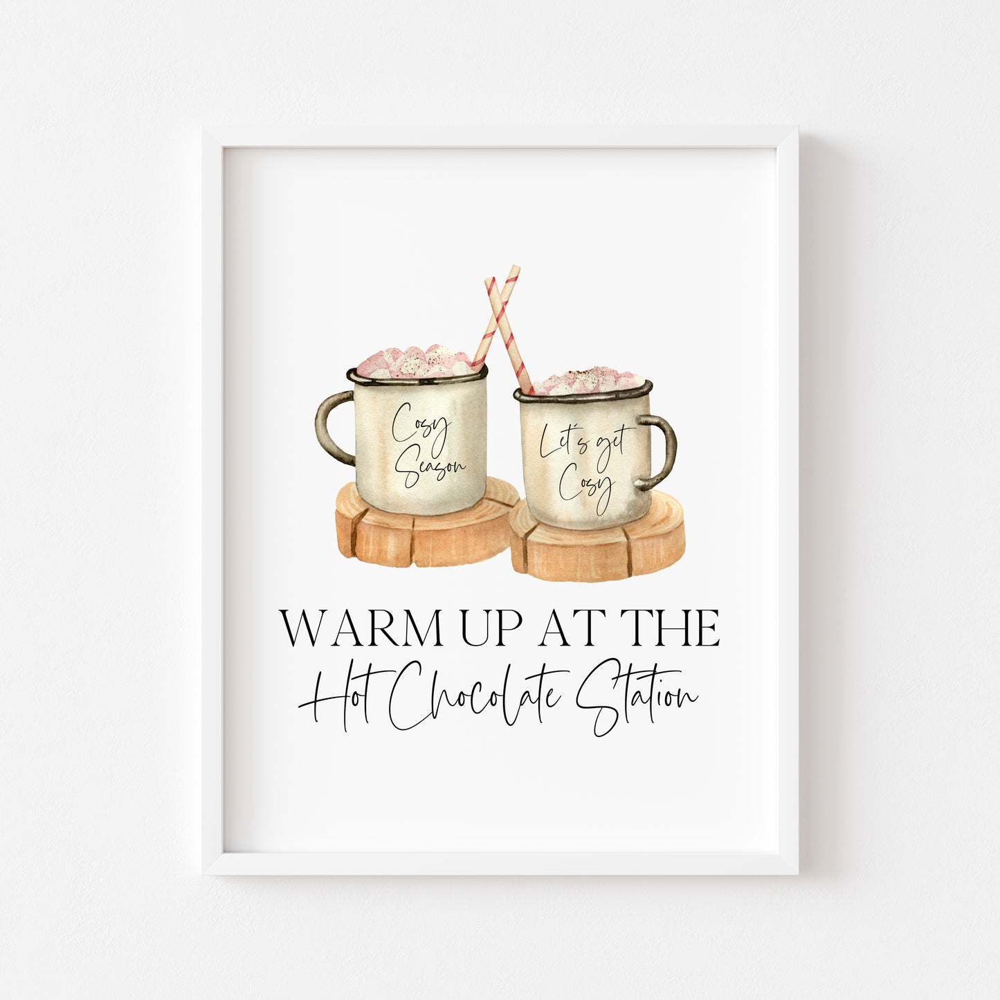 Hot chocolate print,warm up at the hot chocolate station pink marshmallows sign unframed wall art poster print