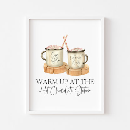 Hot chocolate print,warm up at the hot chocolate station pink marshmallows sign unframed wall art poster print