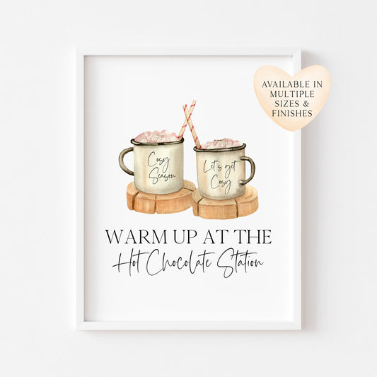 Warm up at the Hot chocolate station cute chocolate watercolour hot drink xmas seasonal unframed wall art poster print