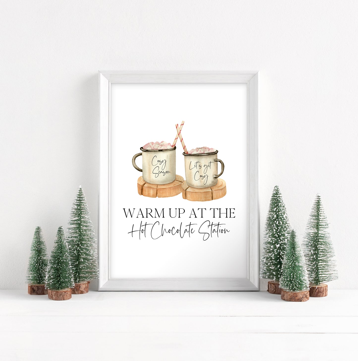 Hot chocolate print,warm up at the hot chocolate station pink marshmallows sign unframed wall art poster print