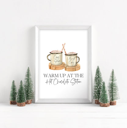 Hot chocolate print,warm up at the hot chocolate station pink marshmallows sign unframed wall art poster print