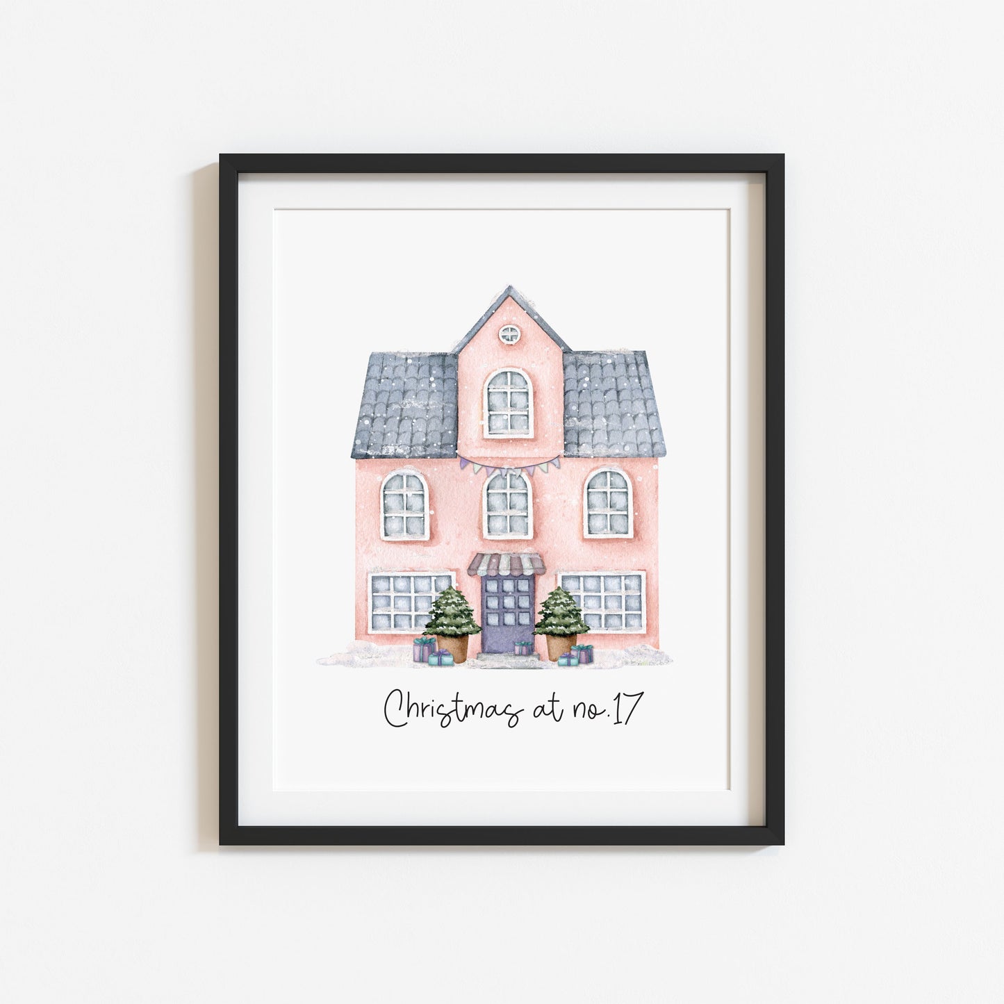 Personalised Christmas House print, pink watercolour Green xmas trees (Unframed)