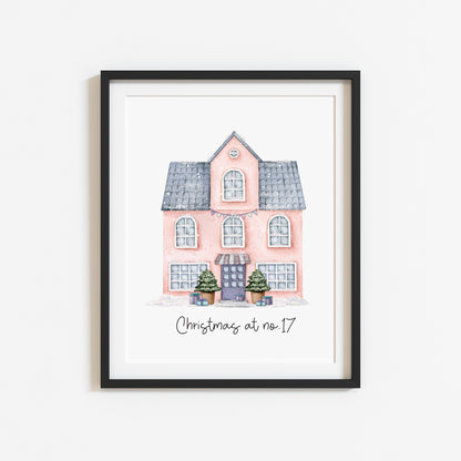 Personalised Christmas House print, pink watercolour Green xmas trees (Unframed)
